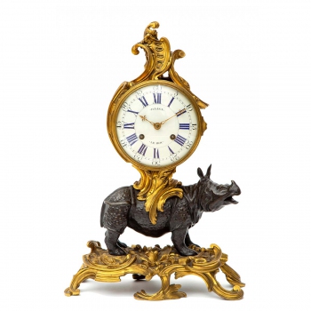 A French ormolu and patinated bronze mantle clock, 'pendule au rhinocéros'