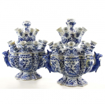 A pair of Dutch Delft blue tulipières and covers